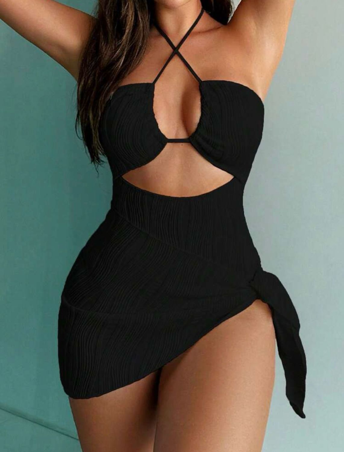 2 Pieces Halterneck One Piece Swimsuit &amp; wrap Skirt Set