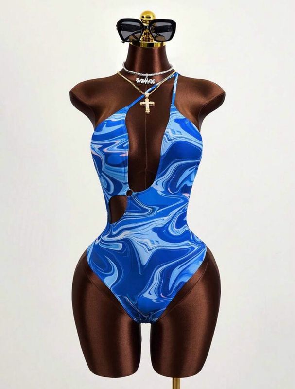 Piece Marble Print Cut Out One Shoulder Swimsuit