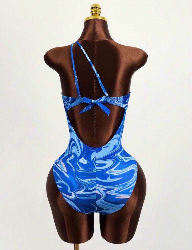 Piece Marble Print Cut Out One Shoulder Swimsuit