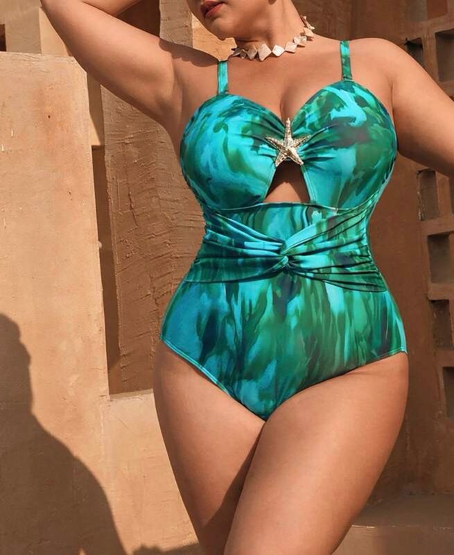 One Piece Plus Size Halter Ruched Adjustable Strap Swimsuit With Sarong