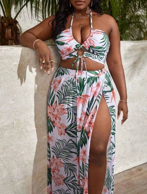 3 Piece Plus Size Tropical Print Halter Bikini Set With Beach Skirt