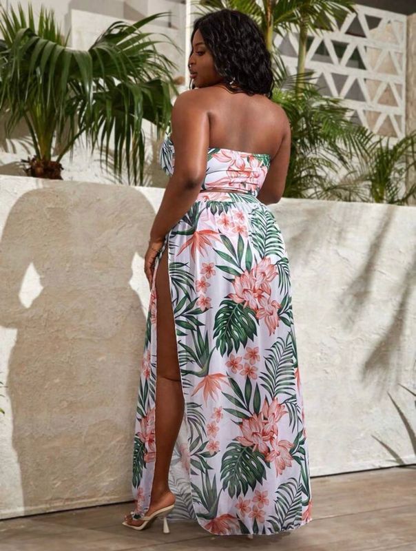 3 Piece Plus Size Tropical Print Halter Bikini Set With Beach Skirt