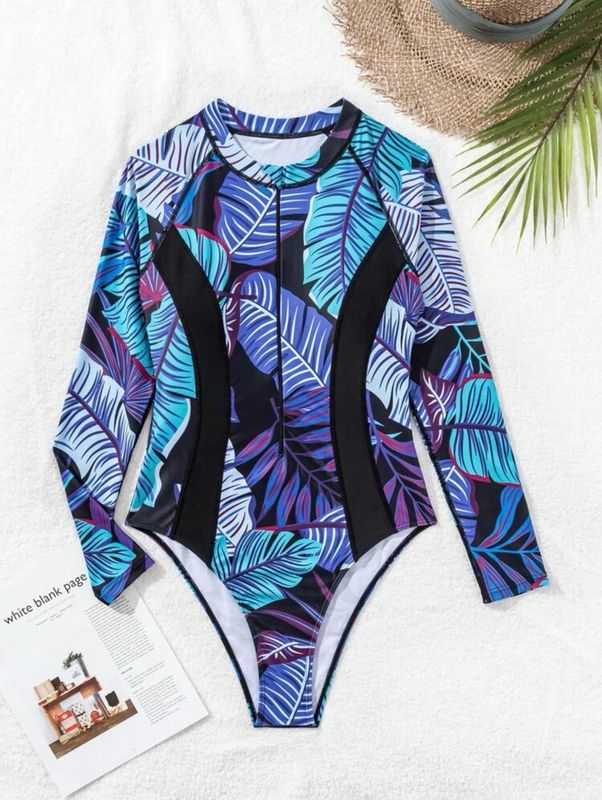 1 Piece Zipper Front leaf print Rashguard