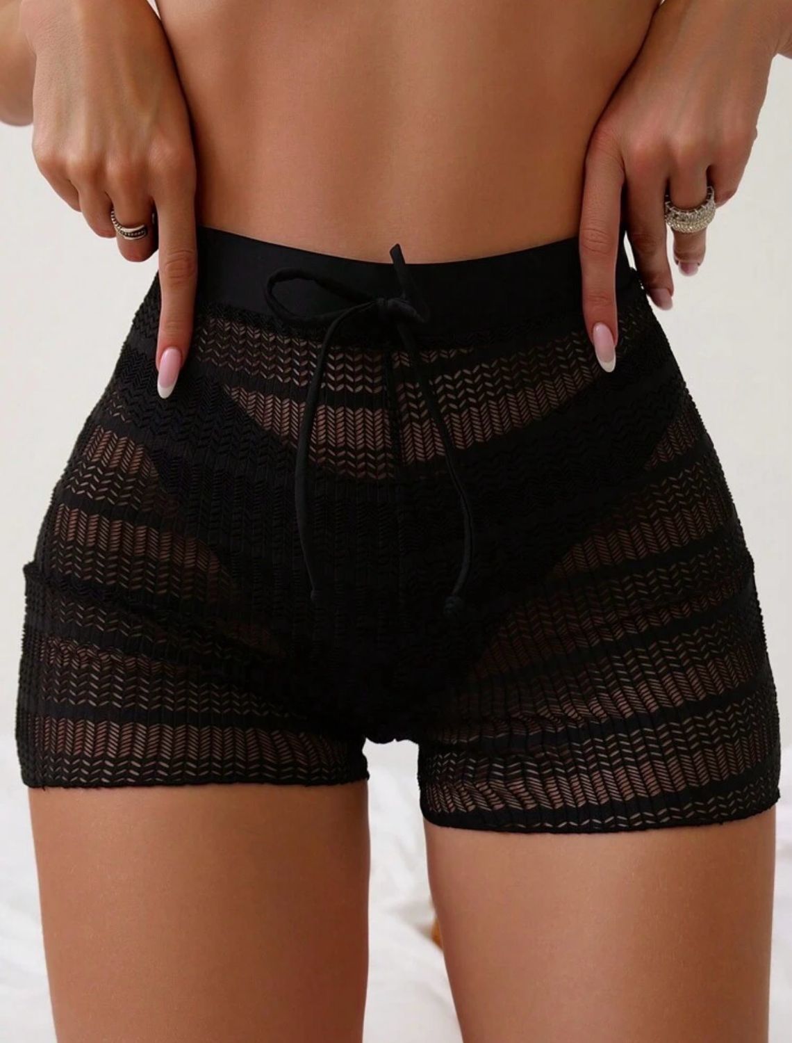 Black Mesh Bowknot Waist Bikini Cover Up Shorts