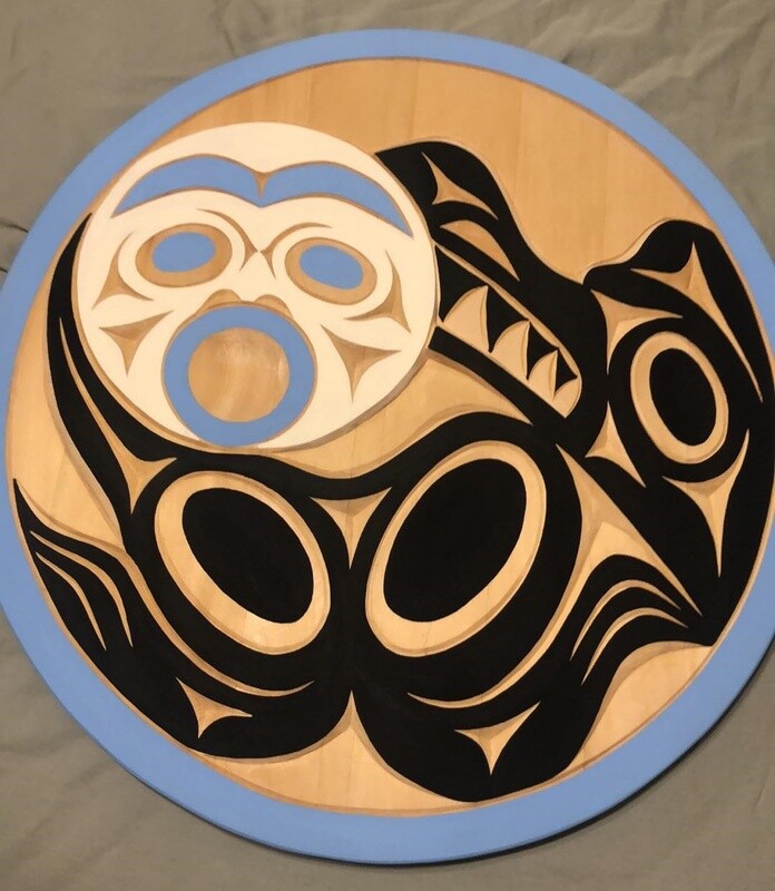 Salish Wolf &amp; Moon by James Johnny, yellow cedar, 22&quot;