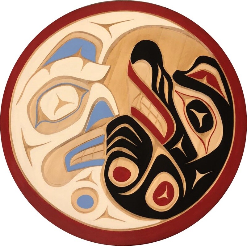 Wolf &amp; Moon by James Johnny, yellow cedar, 19 3/4&quot;