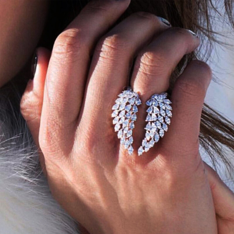 Cao Shi Korean Version Of The New Women&#39;s Open Ring Full Of Diamonds Zircon Wings Adjustable Ring Fashion Charm Ring