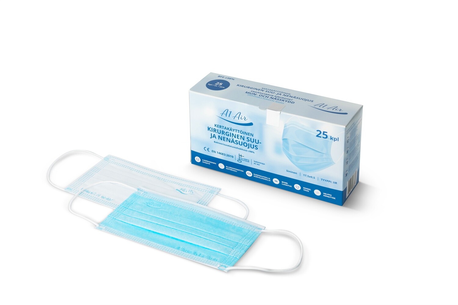 Kirurginen suu- ja nenäsuojain valkoinen/sininen, Kirurgisk munskydd vit/blå, Surgical face mask white/blue, 25kpl/st./pcs. Kirurginen suu- ja nenäsuojain valkoinen/sininen, Kirurgisk munskydd vit/blå, Surgical face mask white/blue, 25kpl/st./pcs.