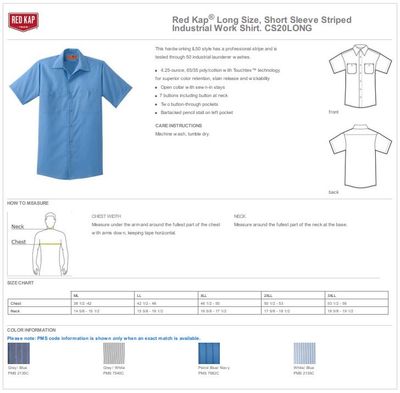 Red Kap® Long Size, Short Sleeve Industrial Work Shirt