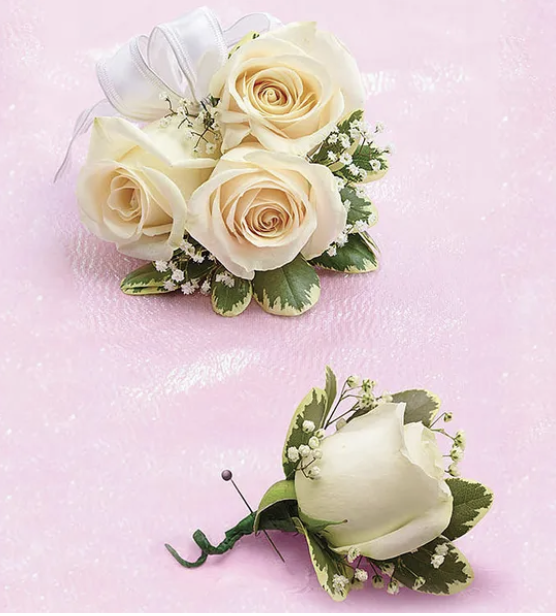 White Mini Rose Wrist Corsage Small Set