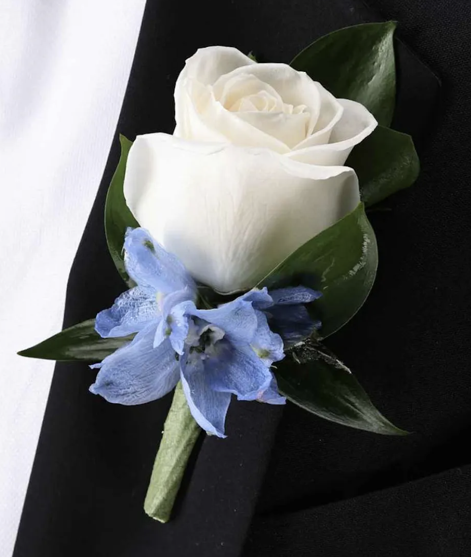 White Rose w/ Delphinium Boutonnière