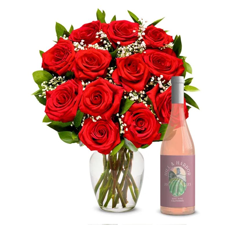 One Dozen Red Roses &amp; Wine
