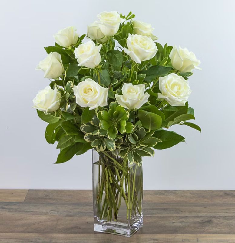 Fancy Dozen White Roses (Squared Vase)