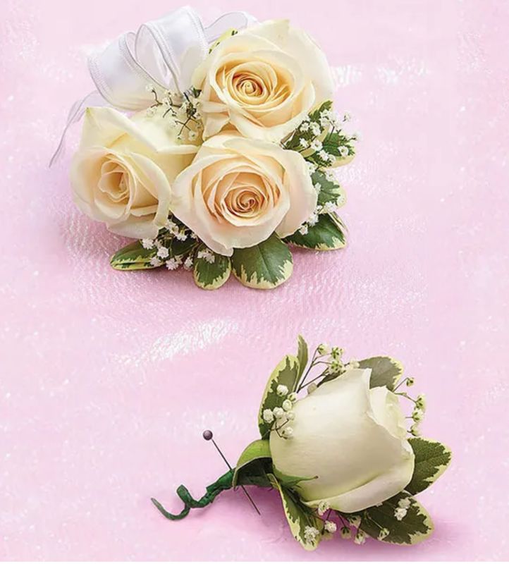 Small White Spray Rose Wrist Corsage/Boutonniere Set