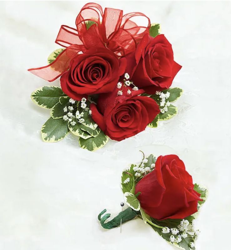 Small Red Spray Rose Wrist Corsage/Boutonniere Set
