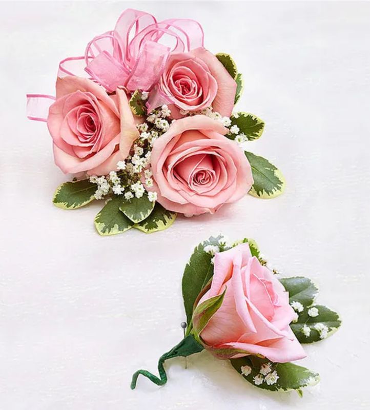 Small Pink Spray Rose Wrist Corsage/Boutonniere Set