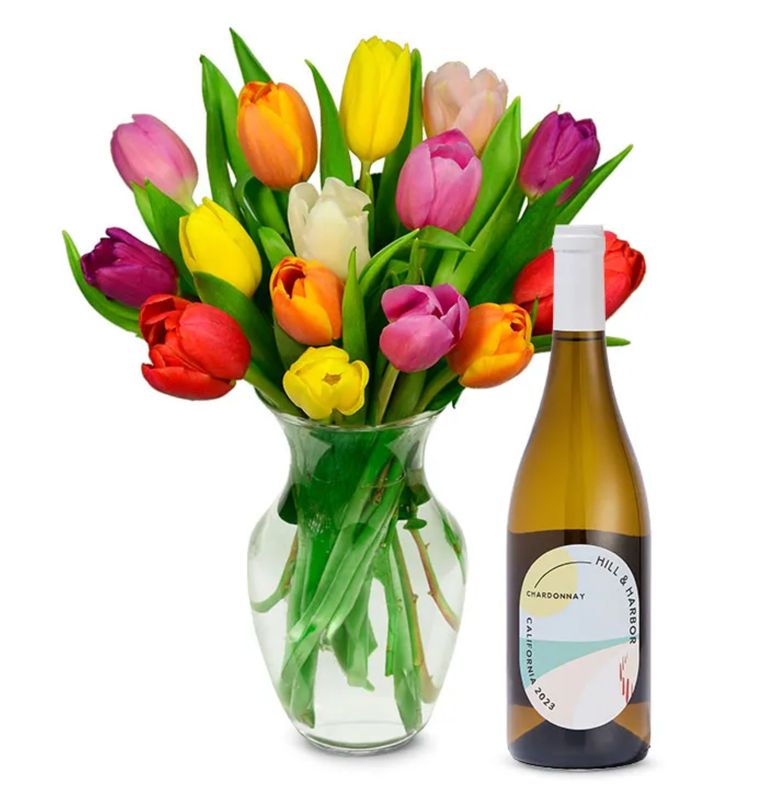 Rainbow Tulip Bouquet with Wine