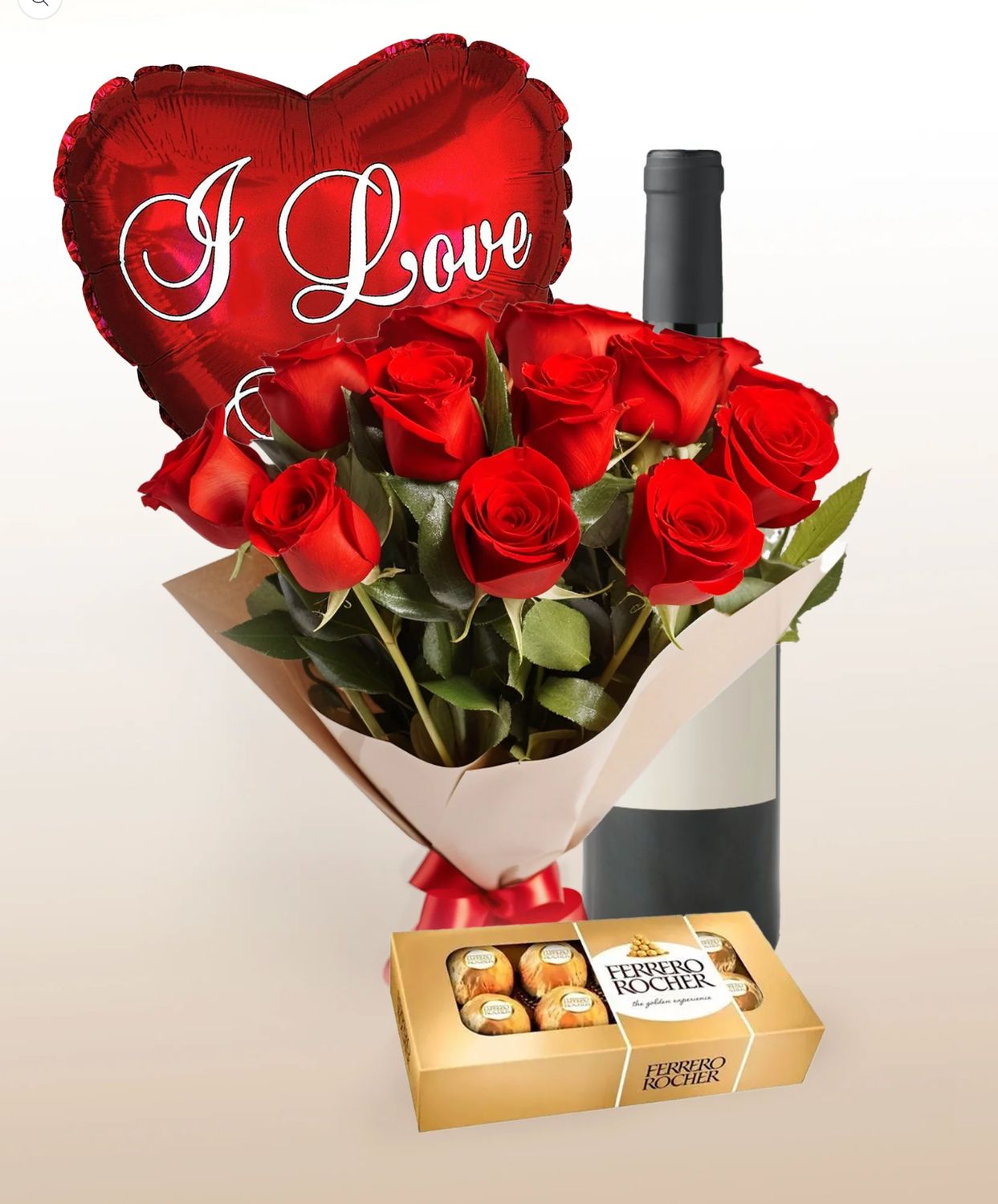 Inspiration Combo: 12 Roses Bouquet + Balloon + Wine + Chocolates