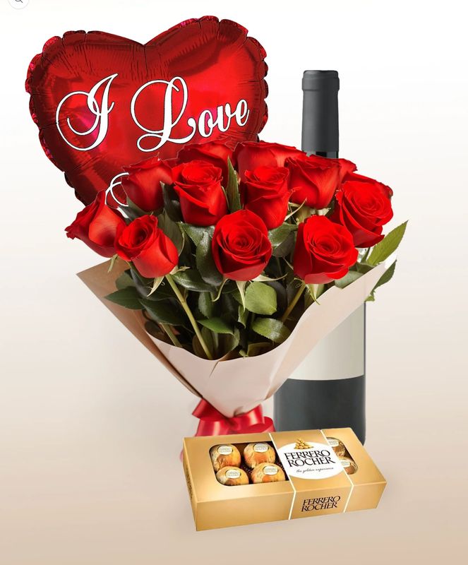 Inspiration Combo: 12 Roses Bouquet + Balloon + Wine + Chocolates