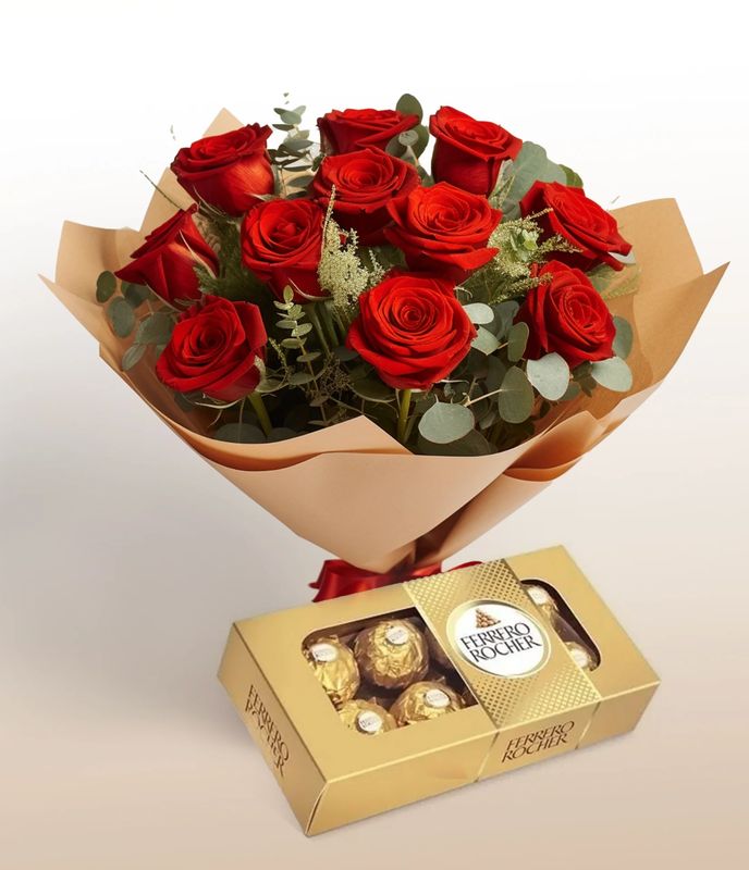 Perfect Match Combo: 12 Roses Bouquet + Chocolates