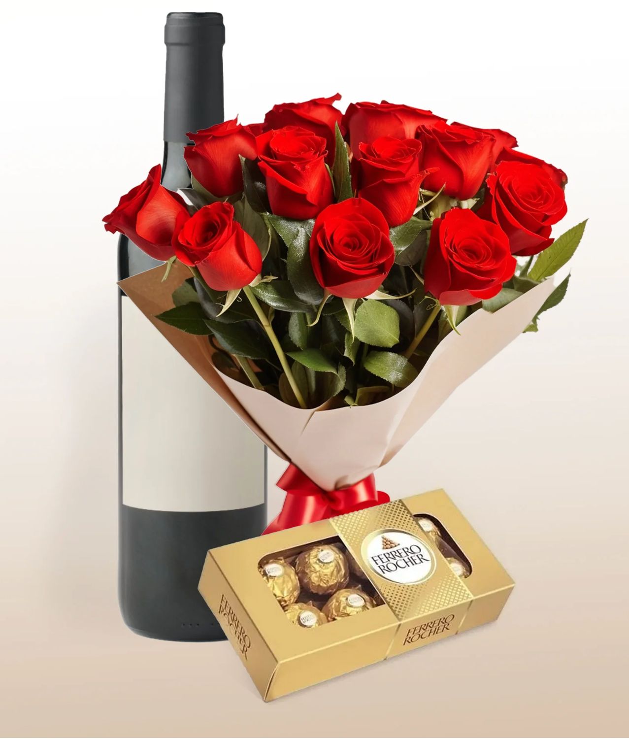 Elegance Combo: 12 Roses Bouquet + Chocolates + Wine