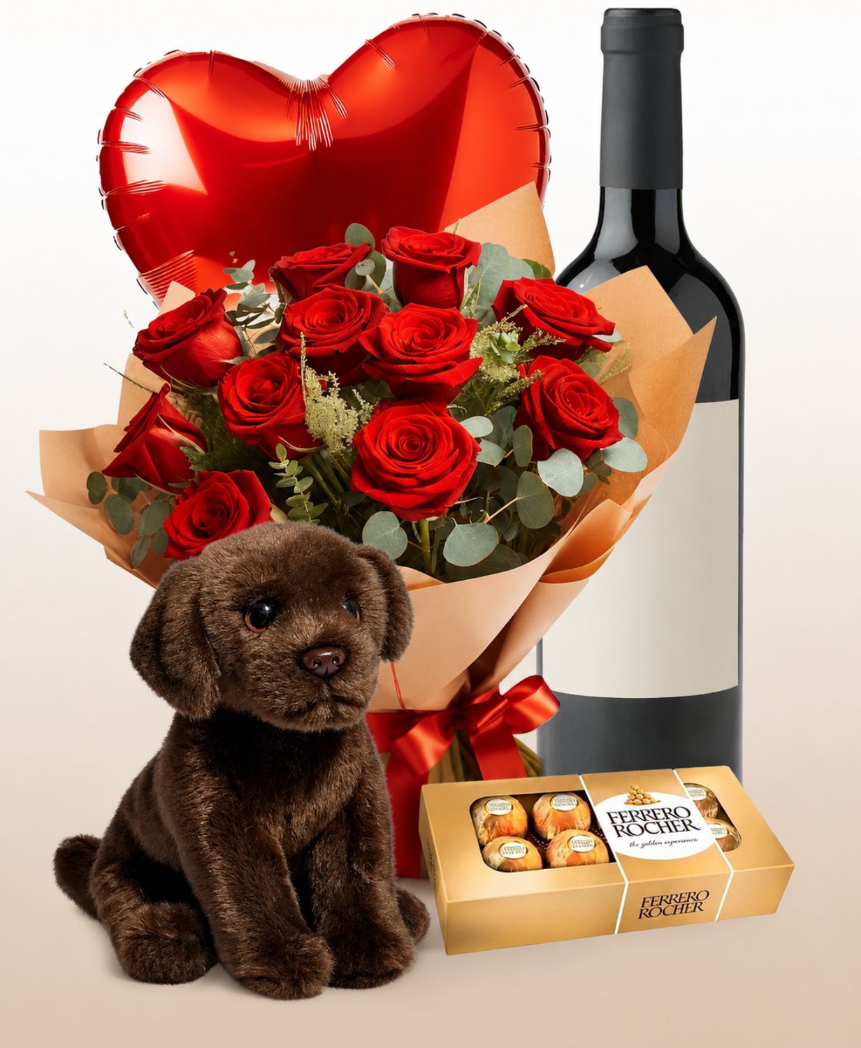 Total Love Combo: 12 Roses Bouquet + Teddy Bear + Balloon + Wine + Chocolates