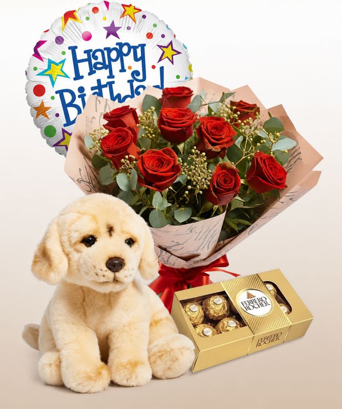 Birthday Combo A : 12 Roses Bouquet + Puppy + Chocolates + Happy Birthday Balloon