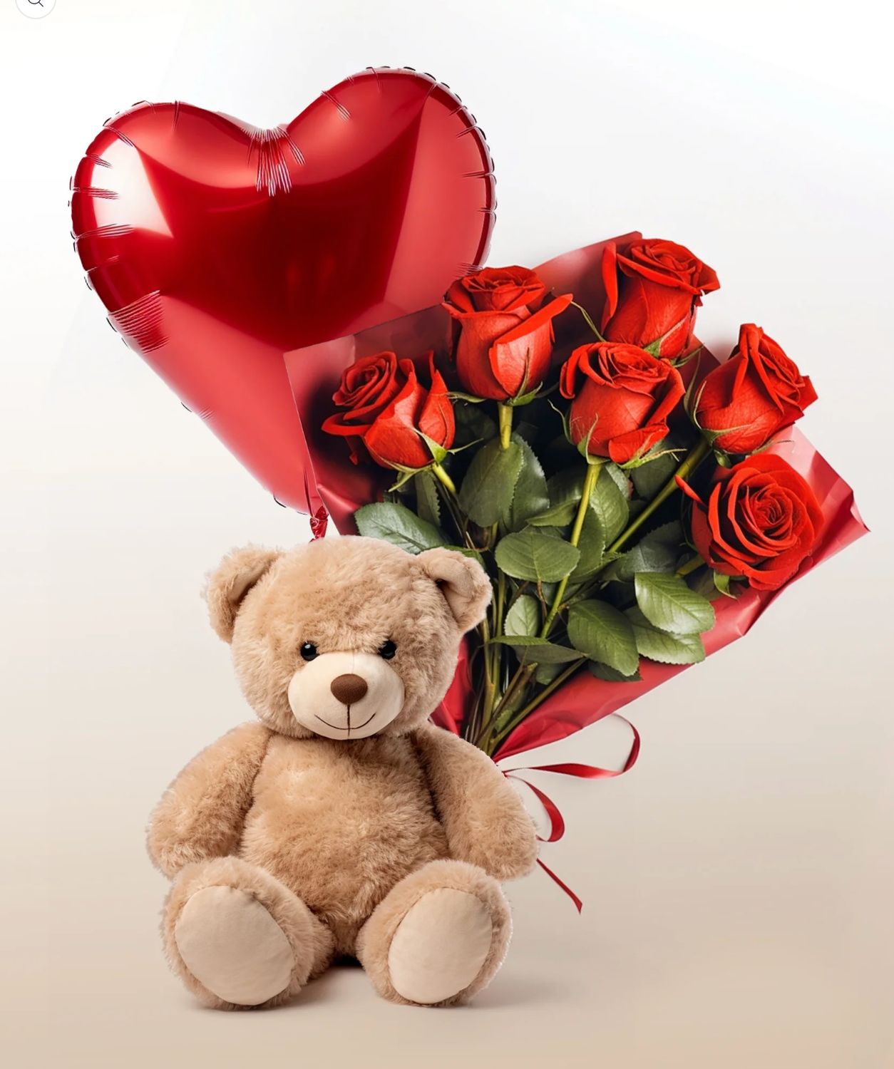 Tenderness Combo: 6 Roses Bouquet + Balloon + Teddy Bear