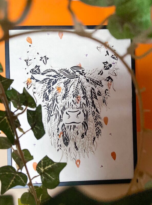 Poster - Papieren stier- oranje bloemenpapier