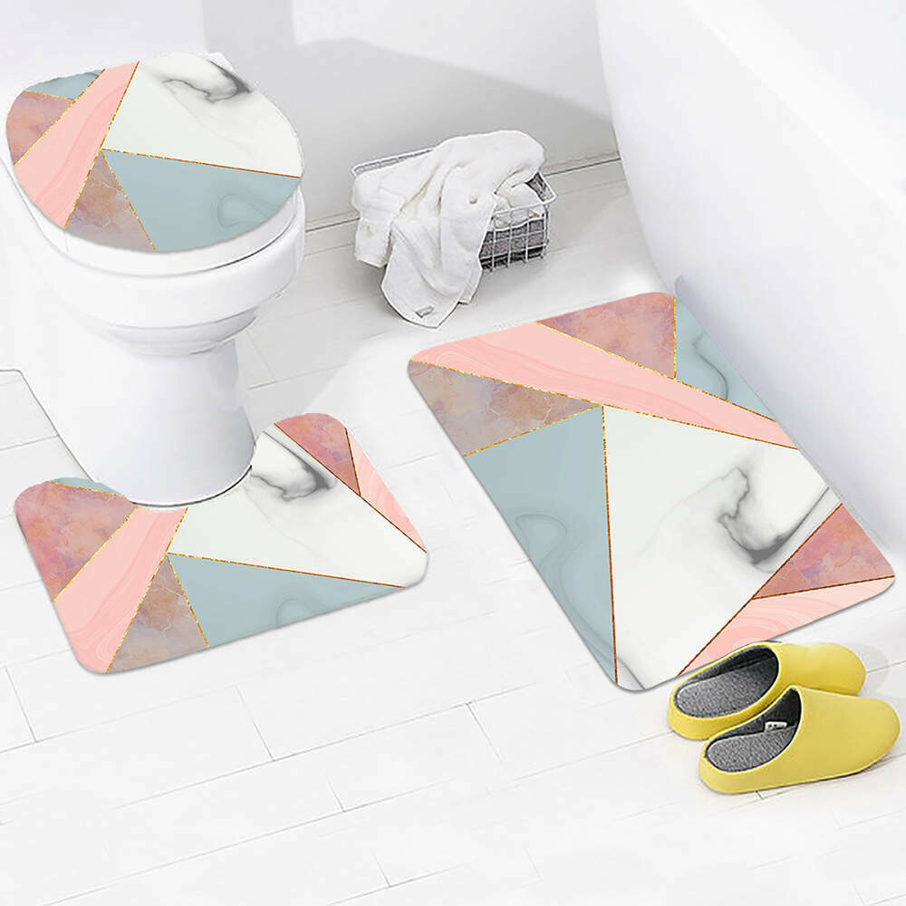 bathroom mat 3 Piece Set Anti-Slip Bathroom Mat-Pink, gold, white