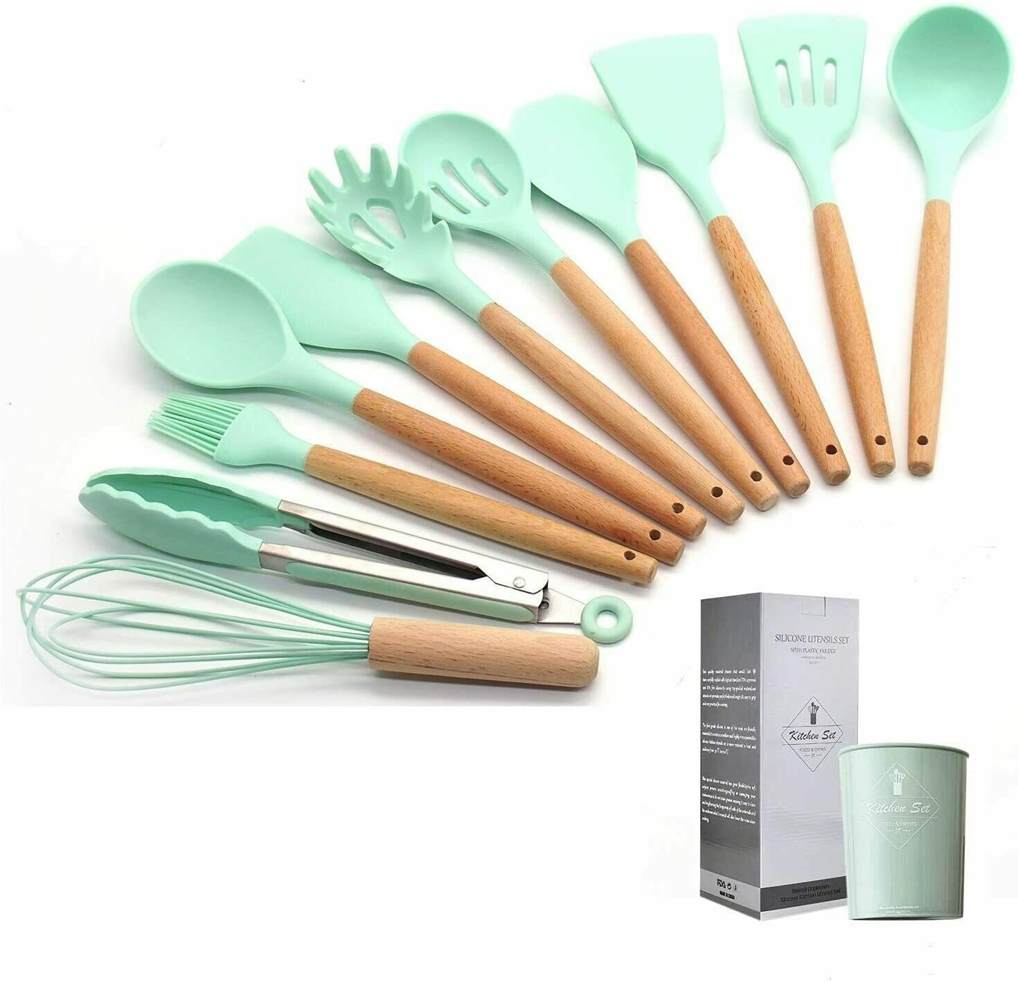 Silicon Wooden Handle Kitchen Accessories Set  TURQUOISE