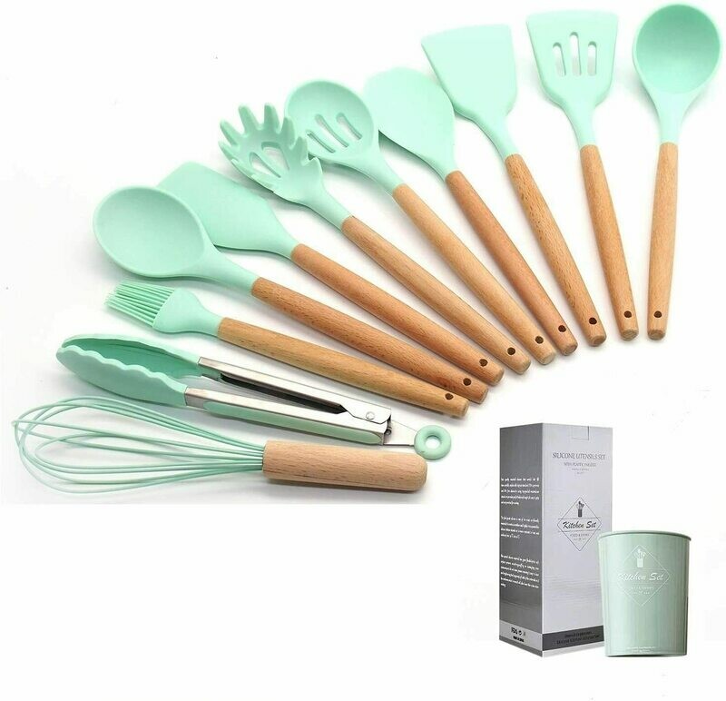 Silicon Wooden Handle Kitchen Accessories Set 12pcs  TURQUOISE