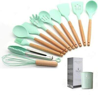 Silicon Wooden Handle Kitchen Accessories Set 12pcs  TURQUOISE