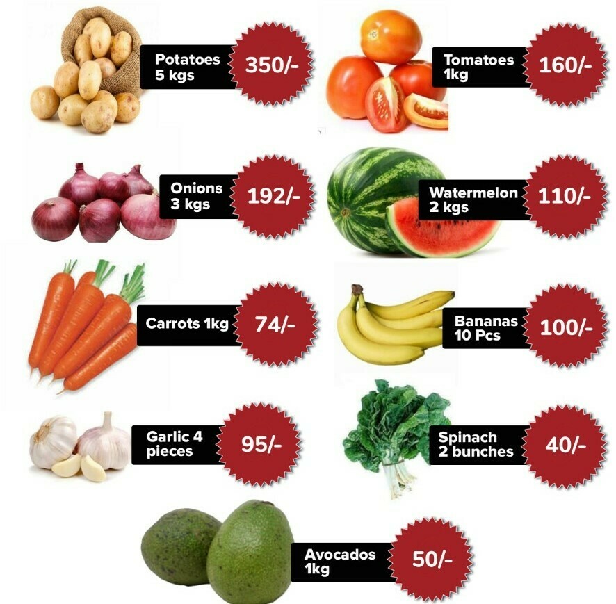 Fruits and Vegetables Value Pack: Potatoes Tomatoes Onions Water Melon Carrots Ripe bananas Garlic Spinach Avocado