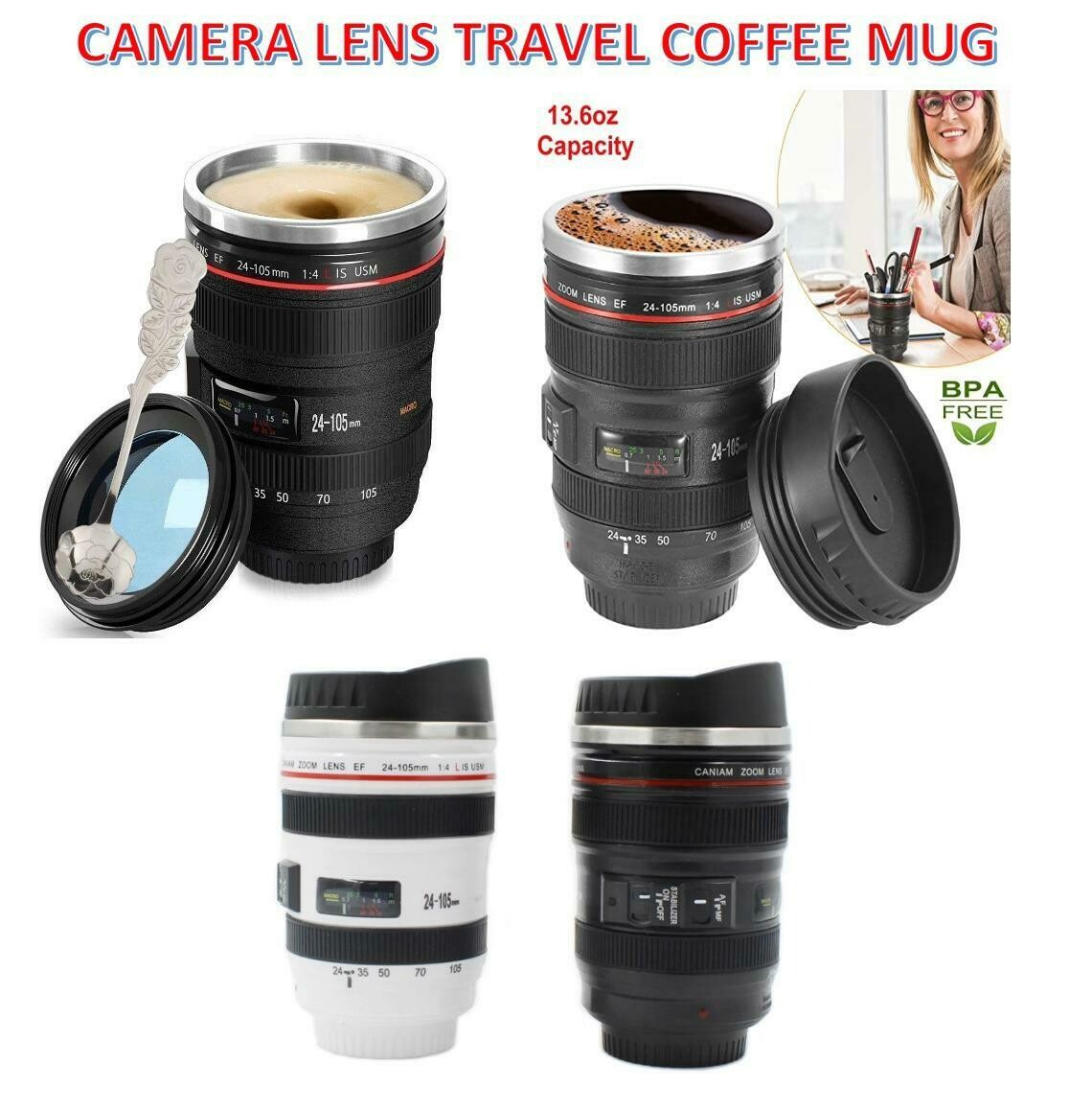 Wholesale 6pcs CAMERA LENS TRAVEL OR LUXURY PICNIC MUG 380ml. Comes in black or white with lid