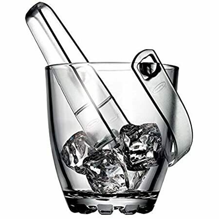 Pasabahce Clear Glass Ice Bucket Set with Plastic Tongs 33.8 oz Bottle Wine Champagne Bucket with Handle, Wine Chiller #53588