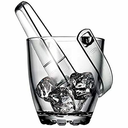 Pasabahce  Clear Glass Ice Bucket Set with Plastic Tongs 33.8 oz Bottle Wine Champagne Bucket with Handle, Wine Chiller #53588