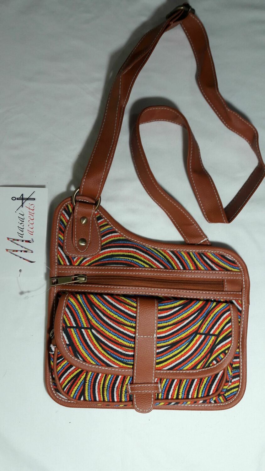 Maasai Accents®, Kitenkela beadwork print, Cross sling bag. Abstract beadwork polyester canvas print coss sling bag, with Kitenkela Maasia beadwork print