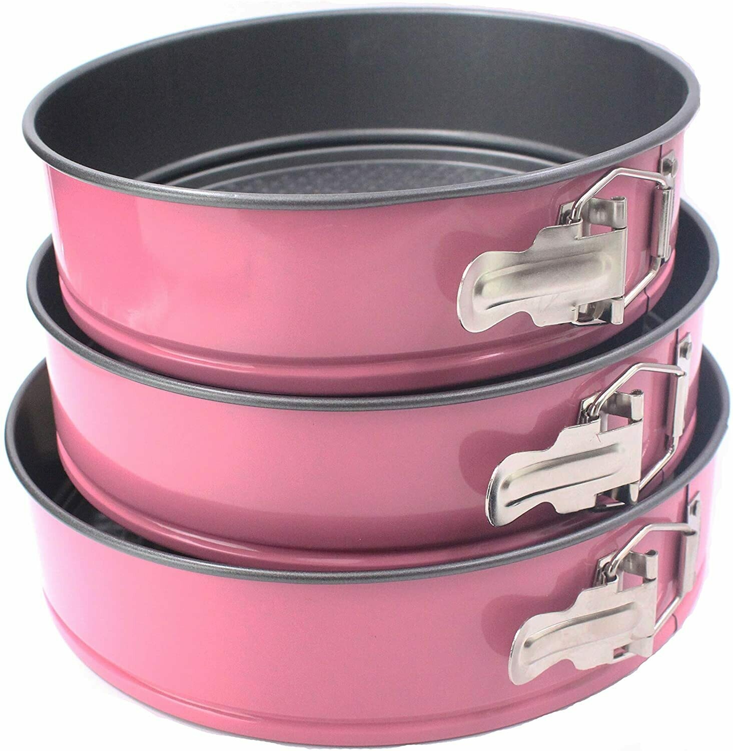 Baking Springform Round oven Pan Set, Pink 3 Pcs 22-24-26 cm, Non-Stick Mould with Quick Release Latch and Removable Waffle Texture Bottom, Aluminum Made, Lively Pink Color,
