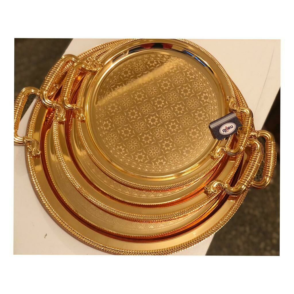 Tray/Platter with Golden Design and Handle 3 piece set | Best for Home Decor and Festival | Special Tray for Tea and Water
