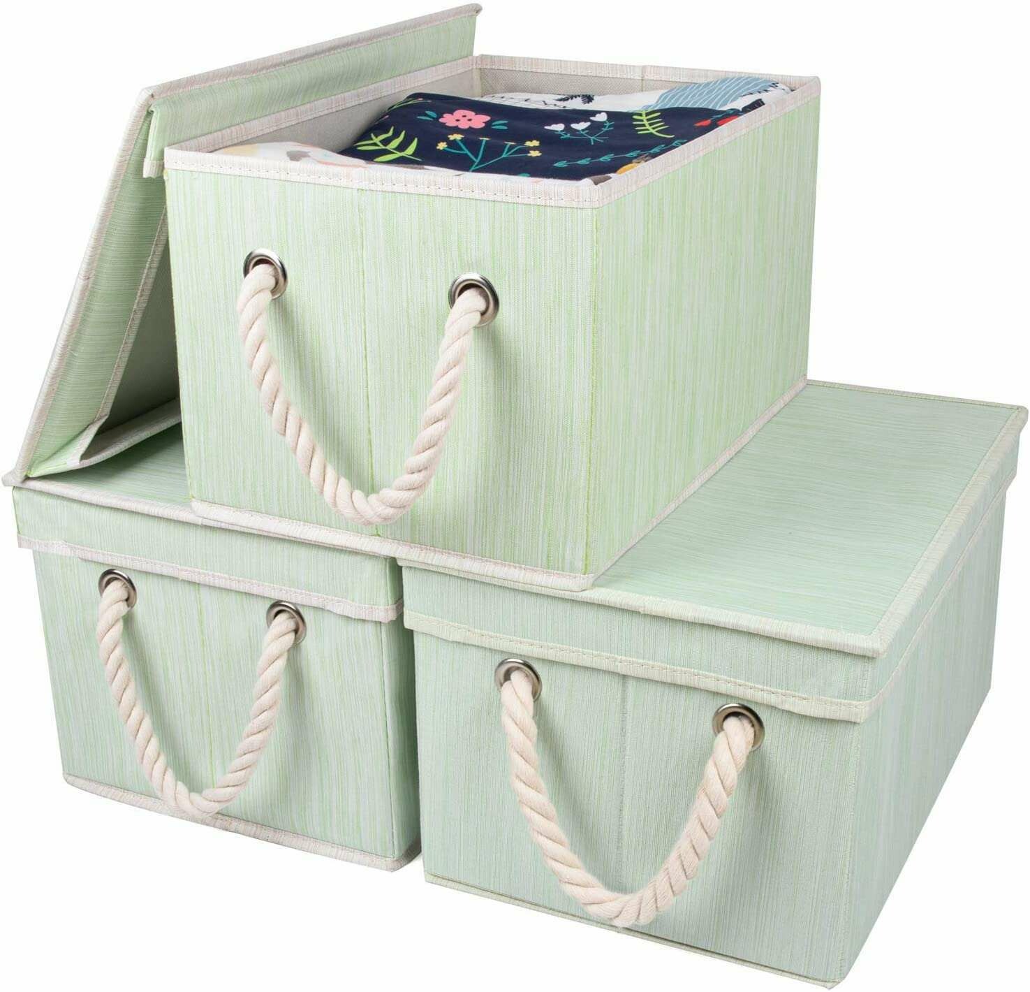 Closet Organizers and Storage Bins for Shelves Foldable Storage Baskets for Organizing with Rope Handles, Collapsible Fabric Cube Organization Boxes ,Cotton Green L37XW25X21cm