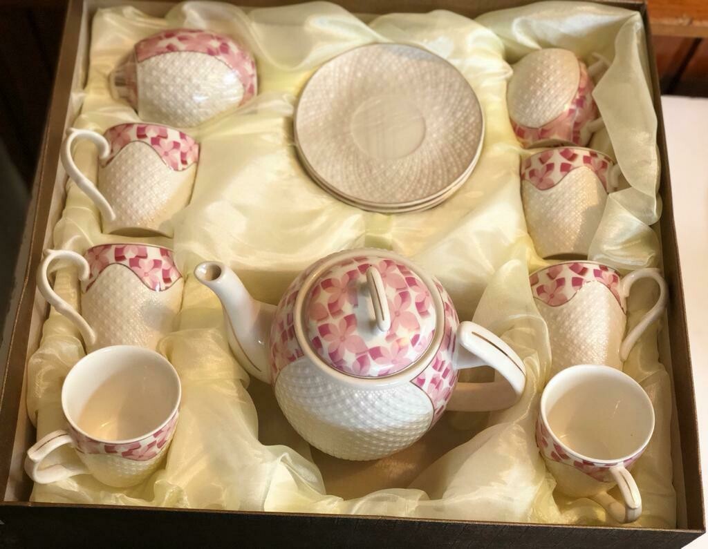 Porcelain Tea Set - Tea Cup and Saucer Set Service for 6, with 28 oz Teapot Sugar Bowl ,Cream Pitcher