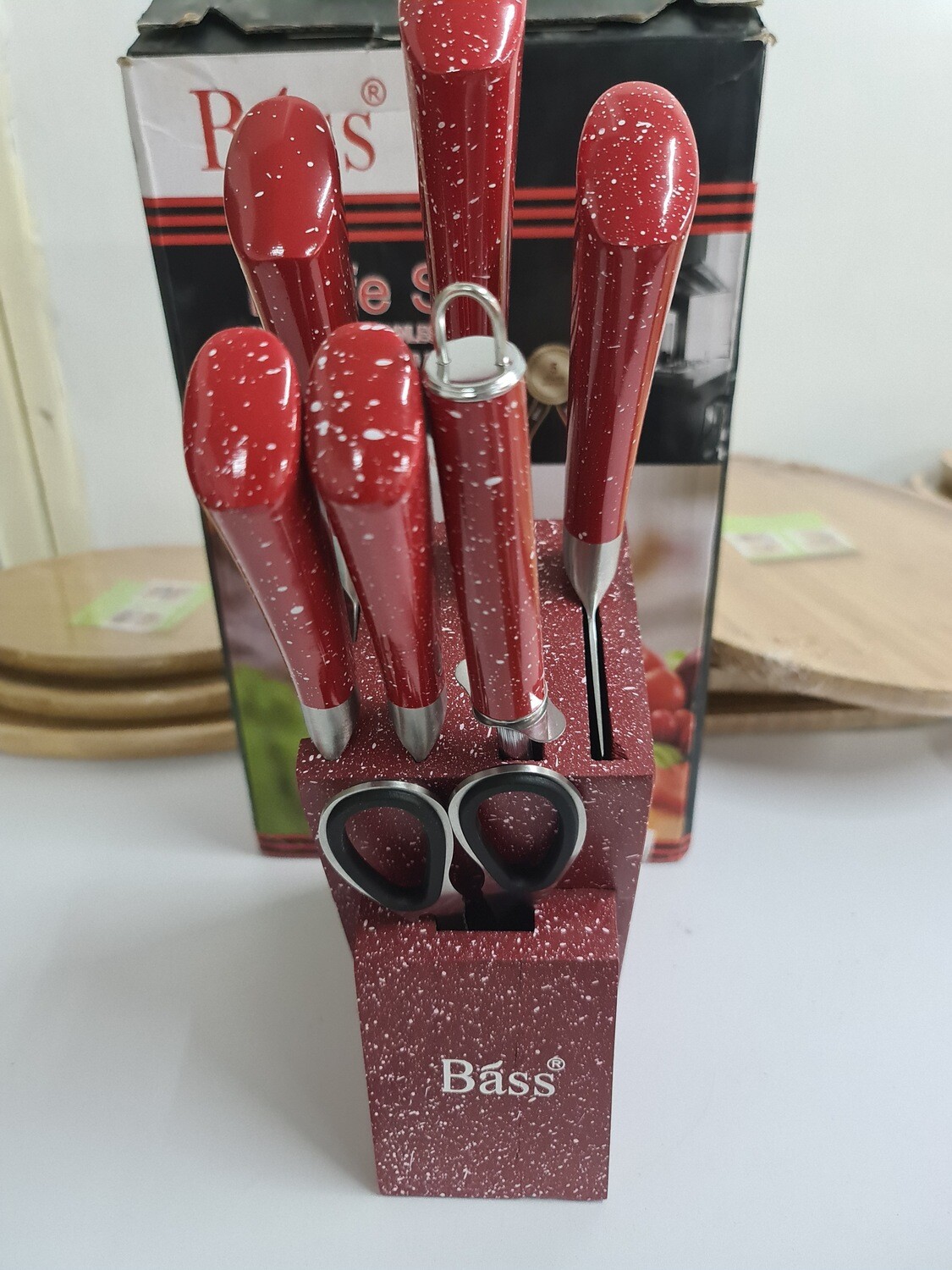 Bass Knife set 7pcs with aesthetic stand wine red #5242