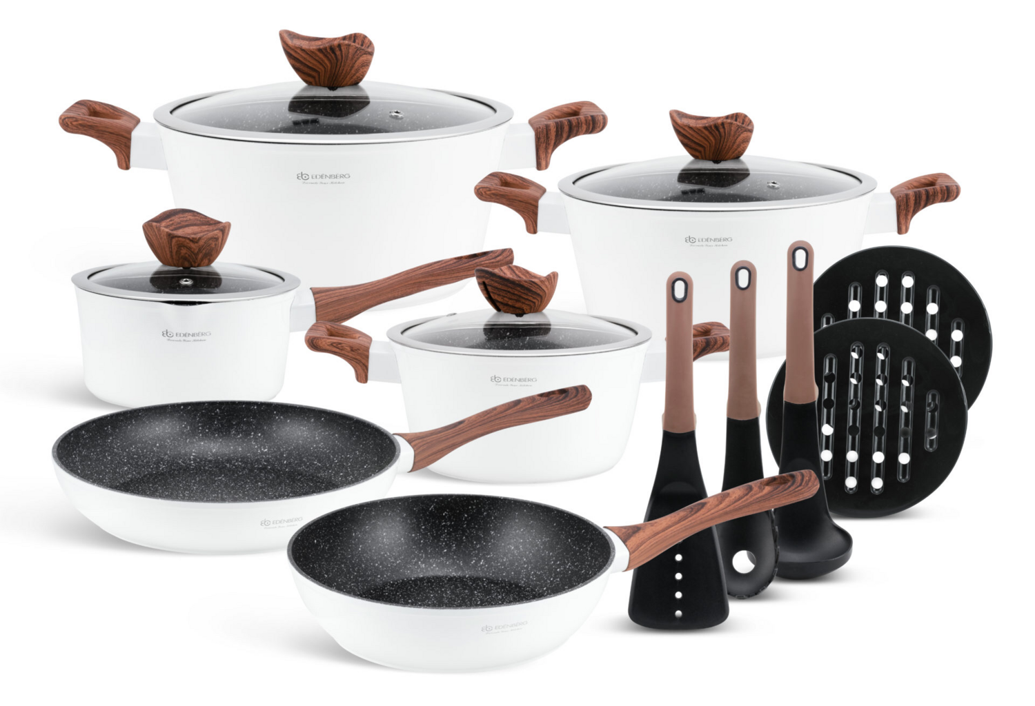 Edenberg Non Stick Cookware set/sufuria with kitchen tools 15pcs EB-5622 White Color