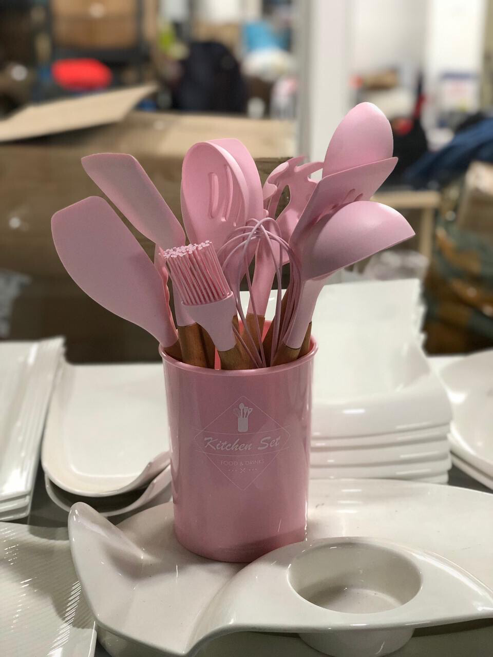 Silicon Kitchen Accessories Set With Wooden Handle spoons. 12pcs PINK