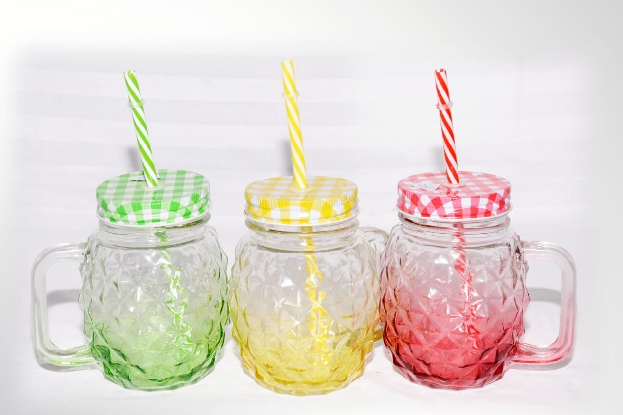 Mason glass jars set of 3 with straws