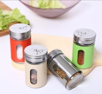 Colored Salt shakers red, green, cream, silver