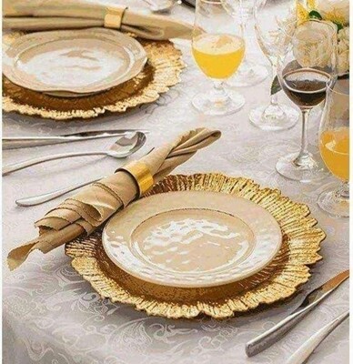 Acrylic Charger plates 32cm golden with many designs. gift wrap plate