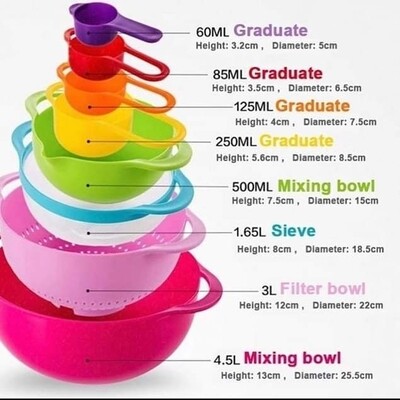 Mixing bowl set 10 in one Measuring bowl, sieve, colander, measuring cups