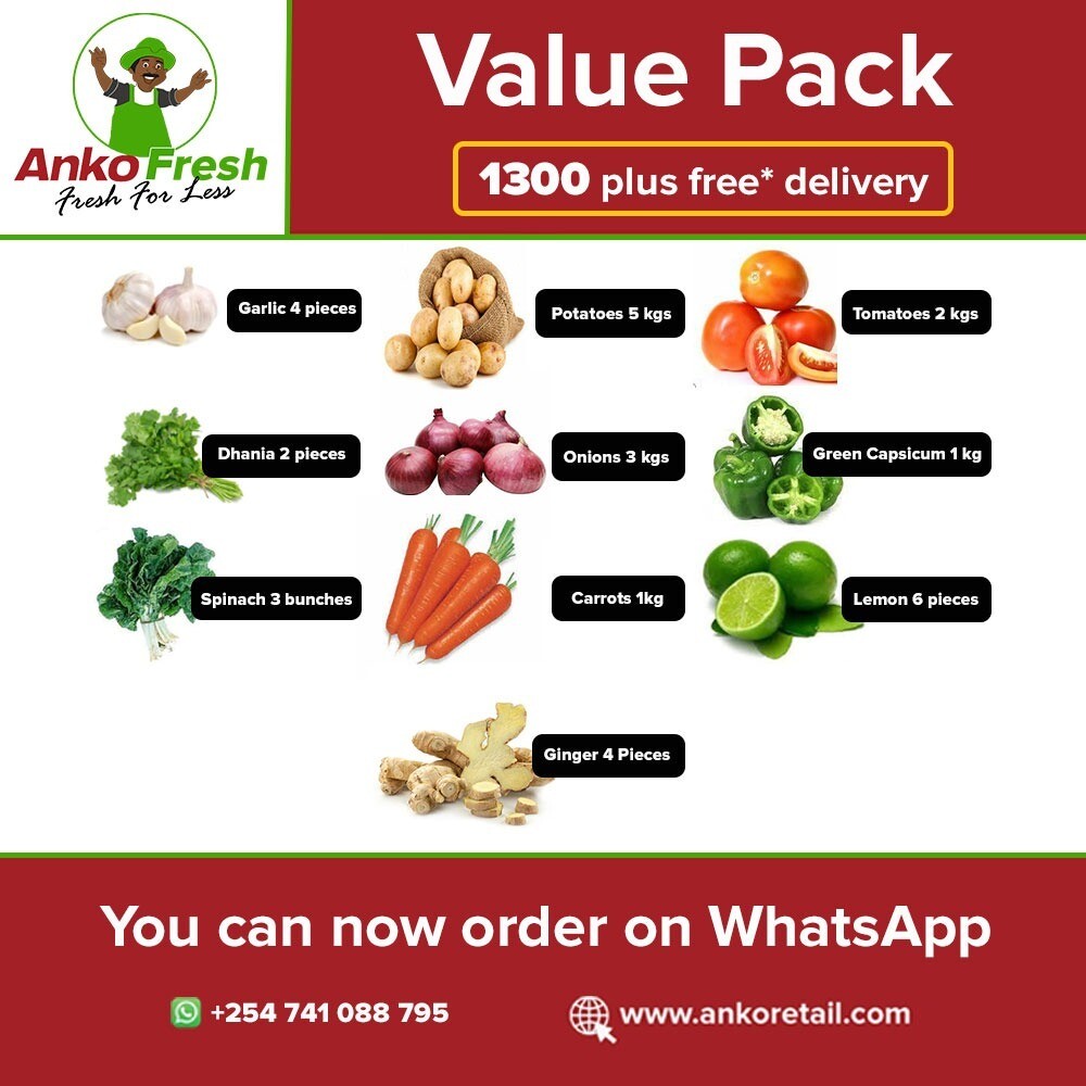 Everyday Vegetables value pack has ginger, potatoes, carrots, tomatoes spinach, capsicum, onion, lemon, garlic